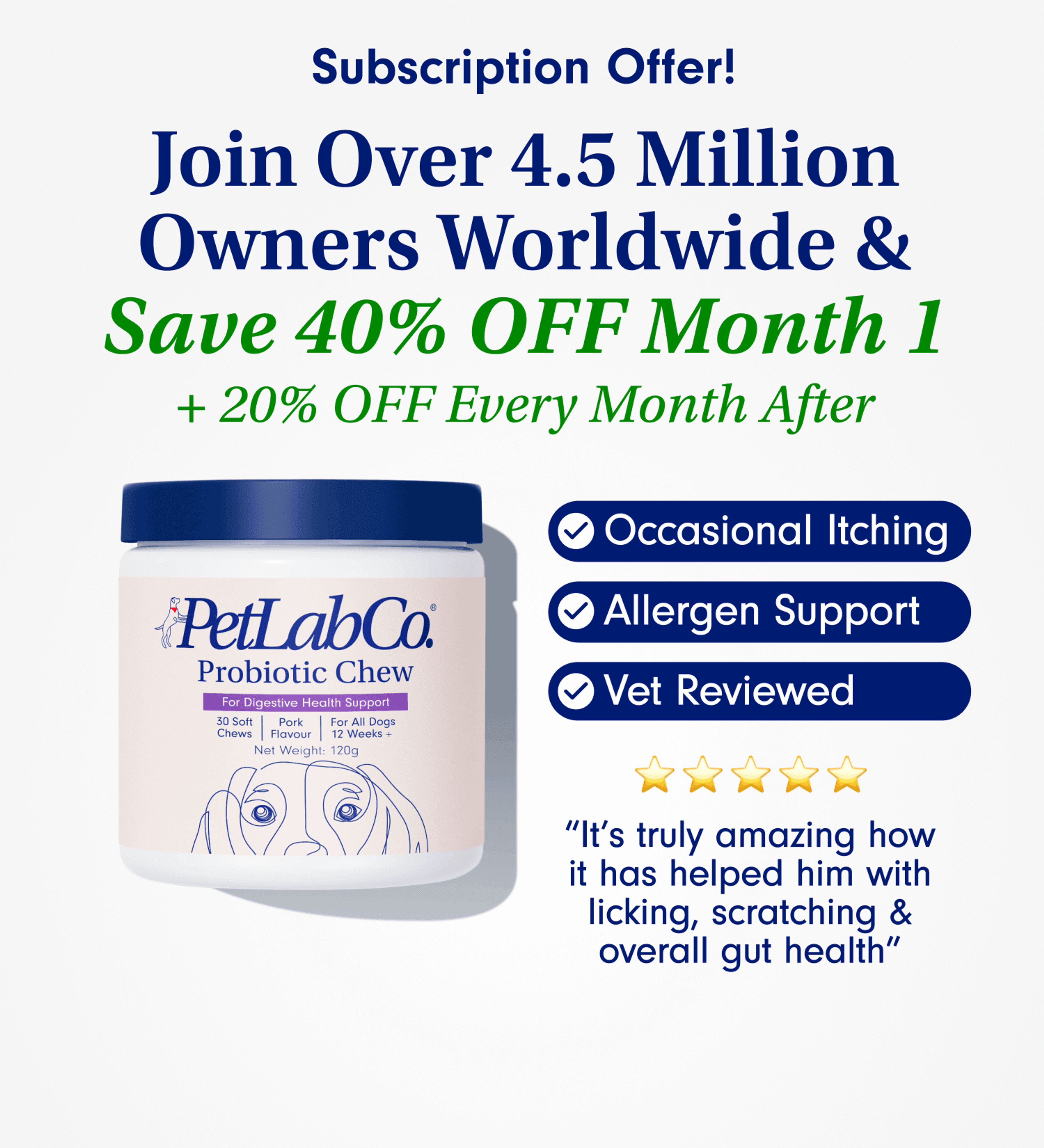 Petlab Co. Probiotic Chew product image with subscription offer
