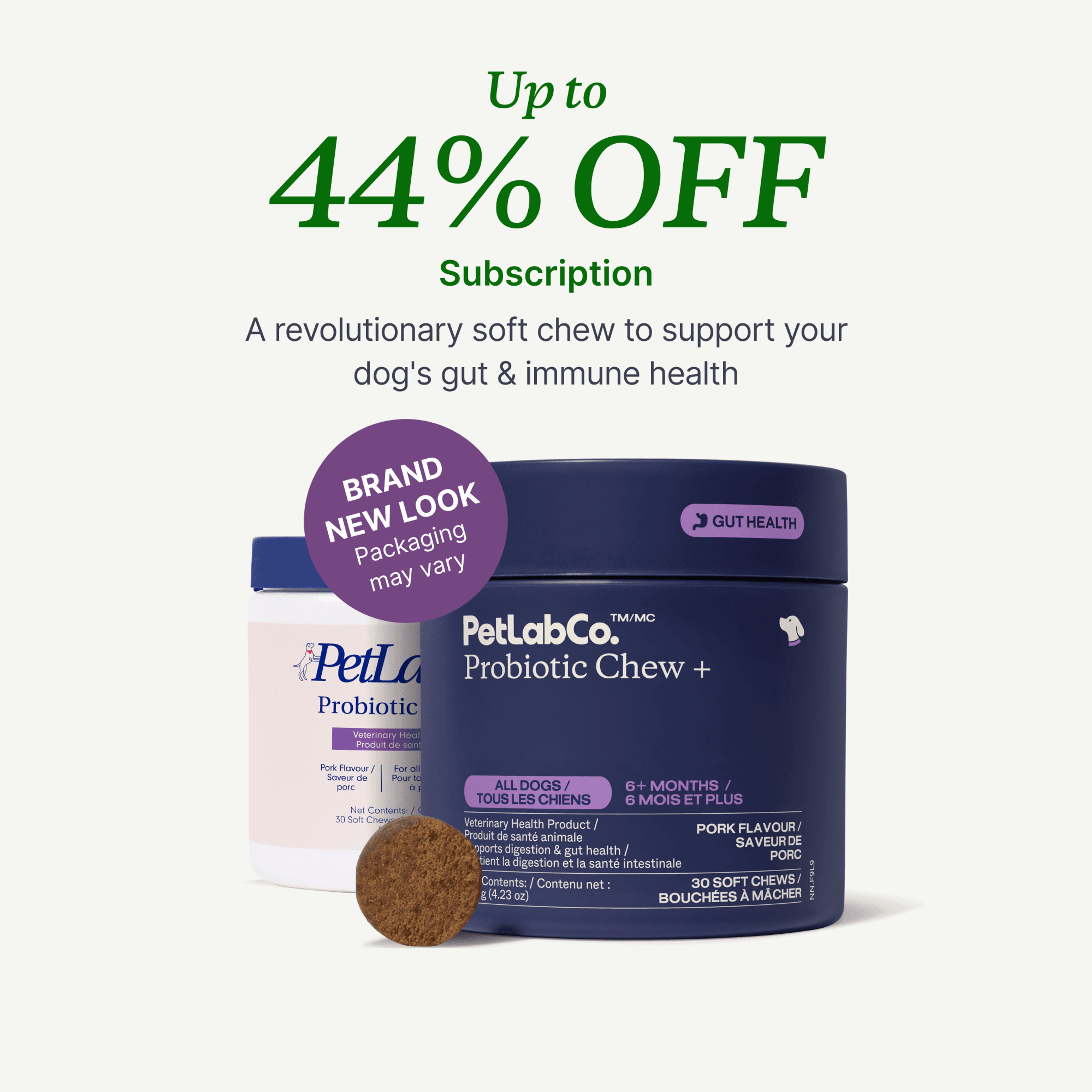 Petlab Co. Dog Probiotic Chew + product image with subscription offer