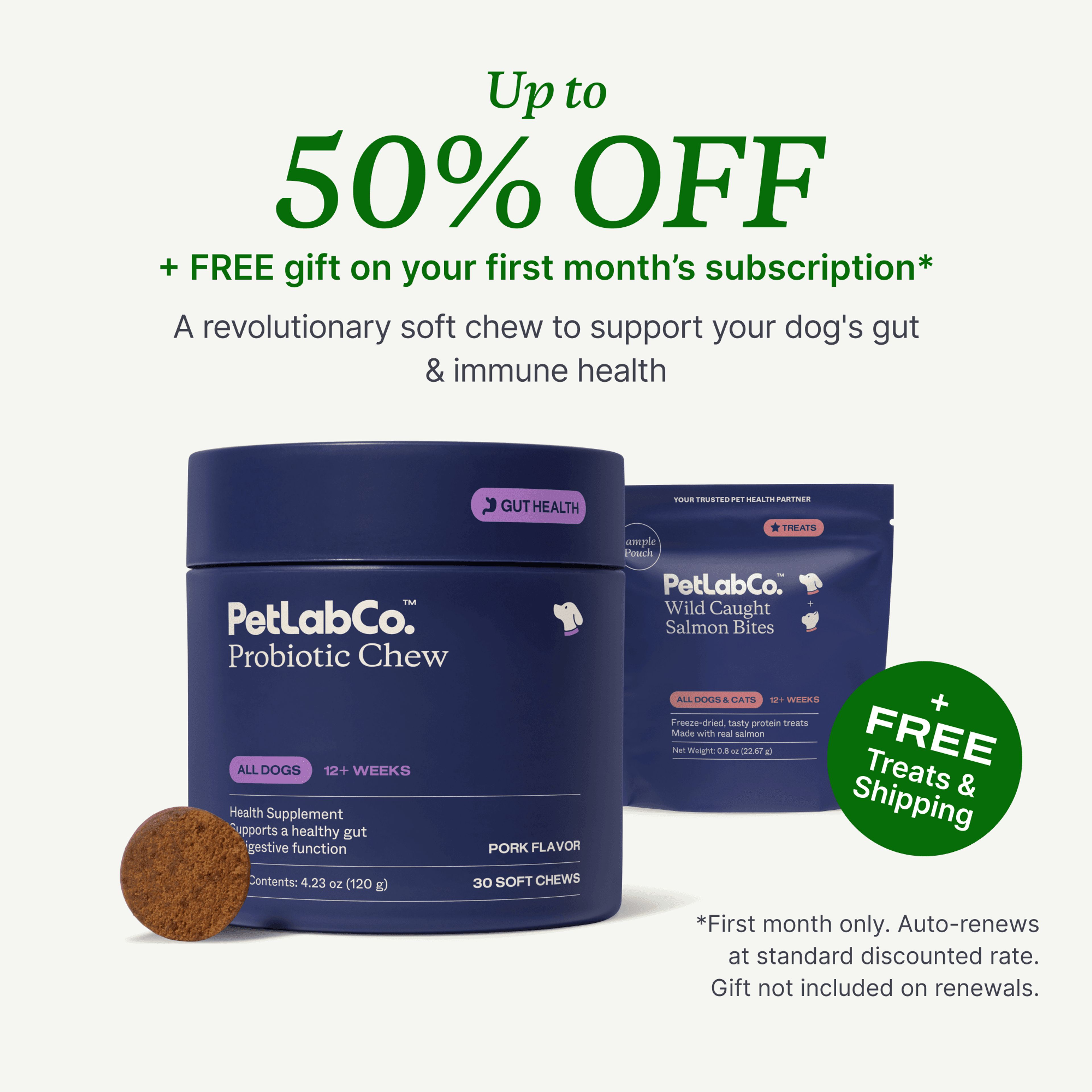 Petlab Co. Probiotic Chews product image with subscription offer